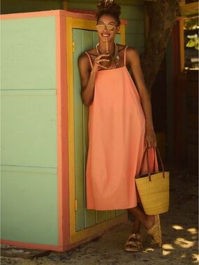 Anthropologie Coral Pink Slip Midi Dress